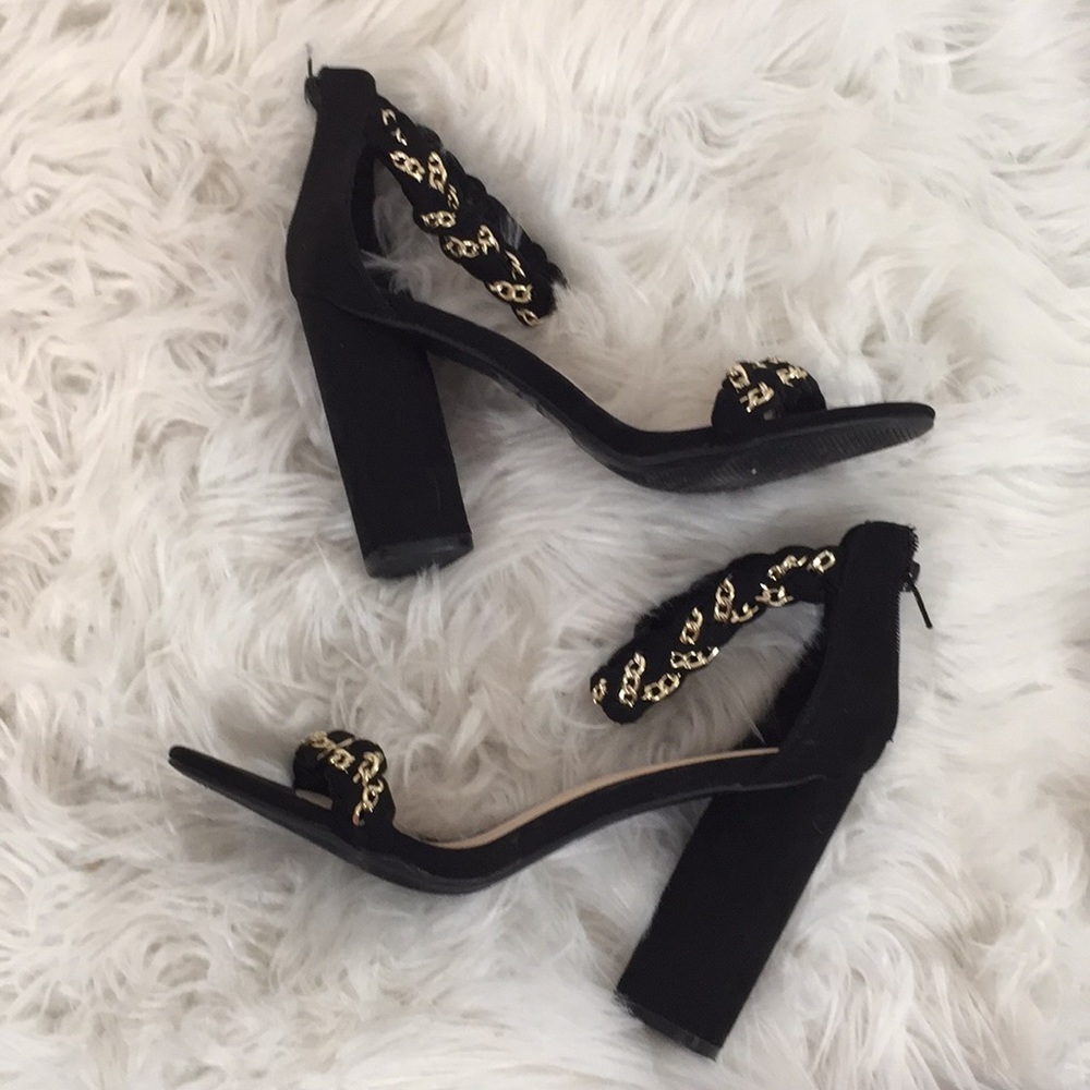 Qupid Sexy Black Braided Chain Accent Chunky Heels - Picture 13 of 16